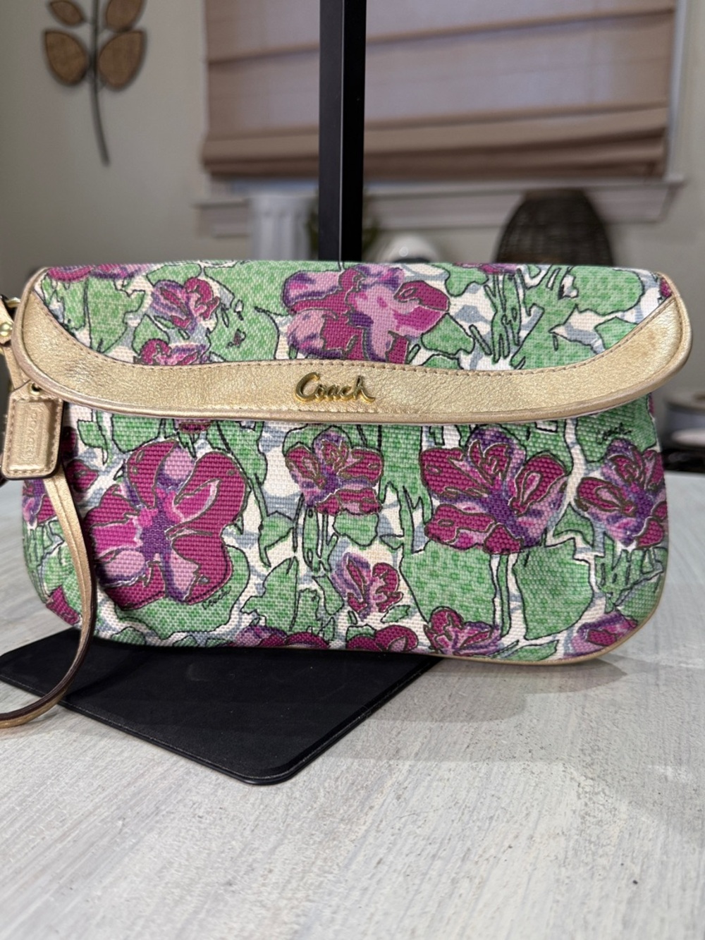 Vintage Coach Ashley Iris Pink and Green  Floral Canvas Wristlet with Gold Trim